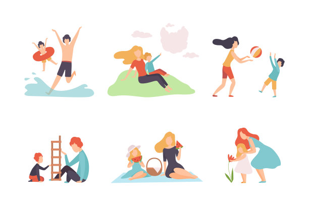 家长和他们的孩子共度美好时光矢量素材图片下载