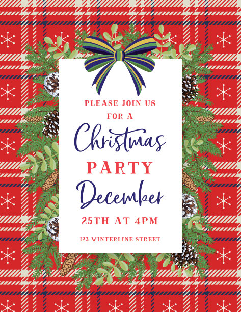 圣诞派对邀请函模板与常青树格纹图片下载