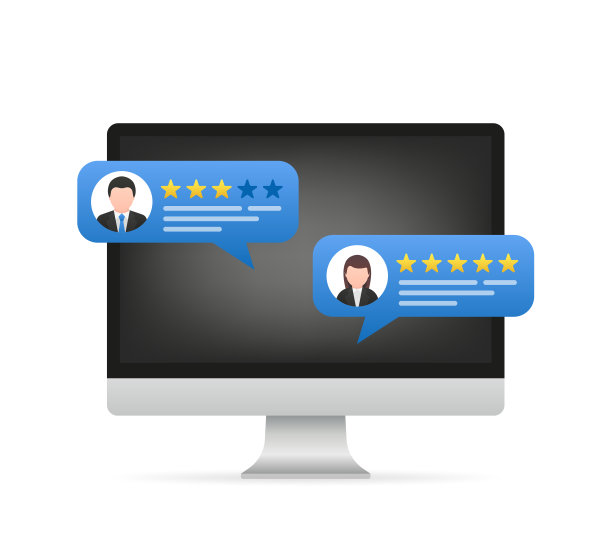 用户在线评论。有客户评论的电脑。客户反馈审核体验评级概念。满意度评级。用户评论与评级在计算机上显示。矢量图图片下载