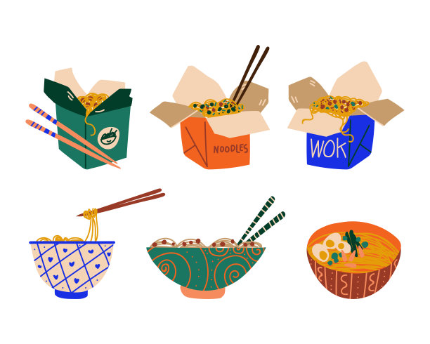 准备好的乌冬面，装在纸箱和碗里图片下载