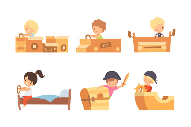 可爱的创意小男孩和女孩玩纸板手工玩具矢量集图片下载