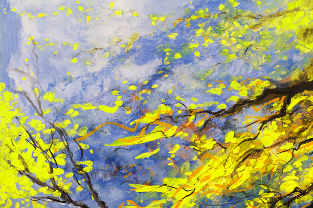 插图风景树叶秋天公园树木与黄色的树叶对着蓝色的天空寓言风金色的叶子艺术油画在画布上印象主义图片下载