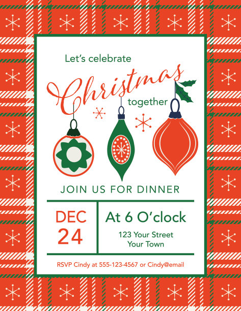 圣诞派对邀请模板与饰品和格子边图片下载