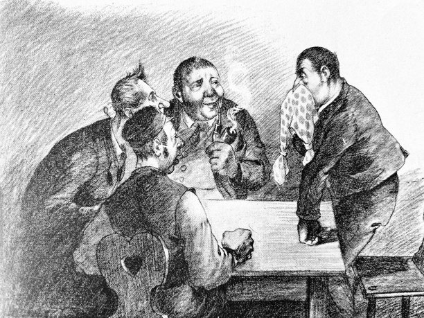 四个男人坐在桌子旁，讨论着，其中一个用手帕擤着鼻子图片下载