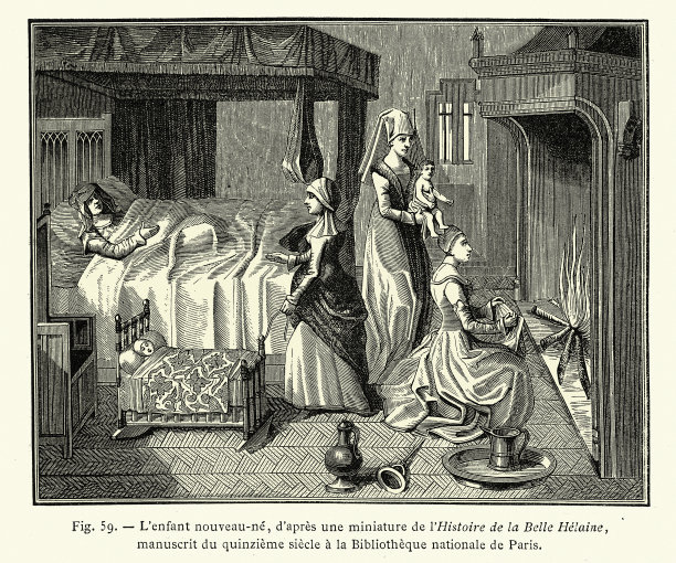 母亲，新生儿，中世纪分娩，带分娩钩的助产士，历史助产士，15世纪图片下载