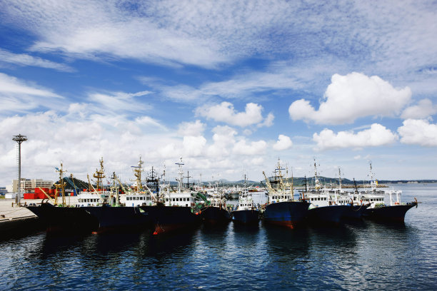 渔船在海边港口和晴朗的蓝天白云图片下载