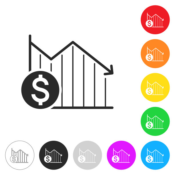 美元硬币下降图表。彩色按钮上的图标图片下载