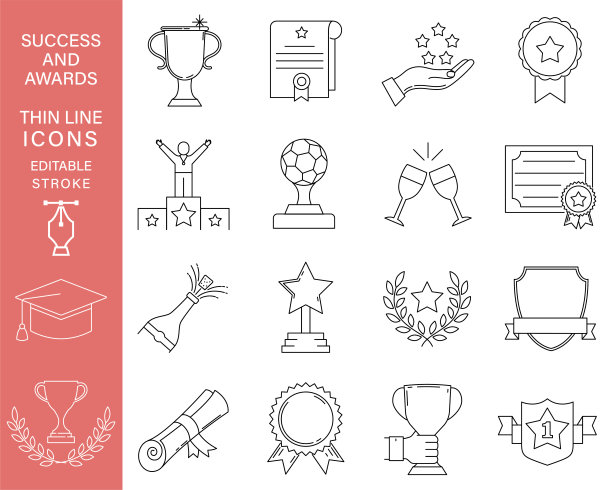 成功和奖励与可编辑的笔画细线图标图片下载