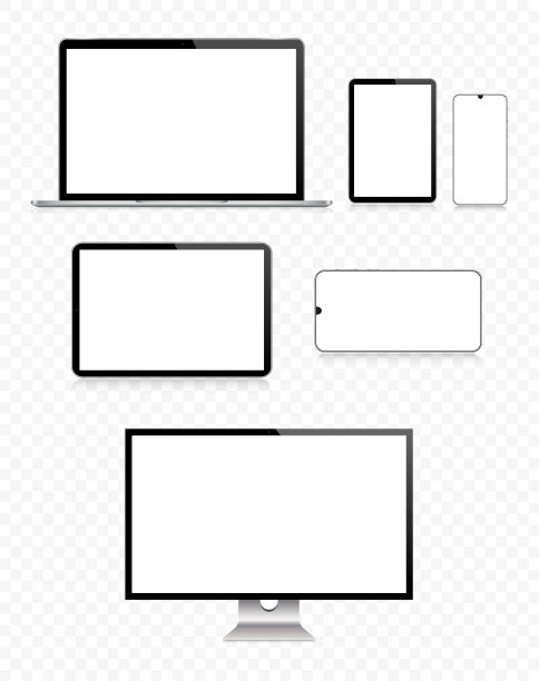 PC显示器，电视，笔记本电脑，平板电脑，智能手机，手机在黑色和银色反射和透明的背景，现实的矢量插图图片下载