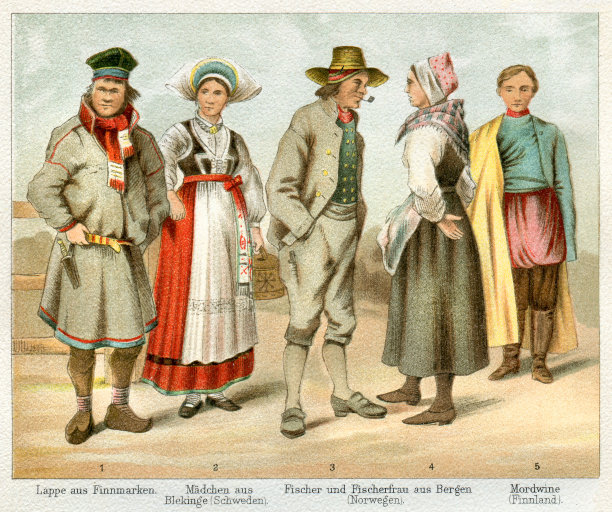 人们穿着传统服装，芬兰，瑞典，挪威1897年图片下载