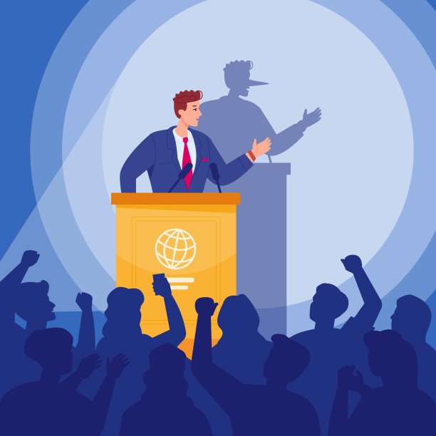 政治骗子。虚伪的政客长着皮诺曹的长鼻子，在竞选活动上发表演讲，不信任人口概念，政治谎言，虚伪腐败，矢量插图图片下载