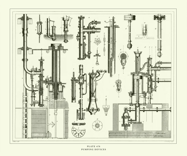 雕刻古董，抽水装置雕刻古董插图，出版于1851年图片下载