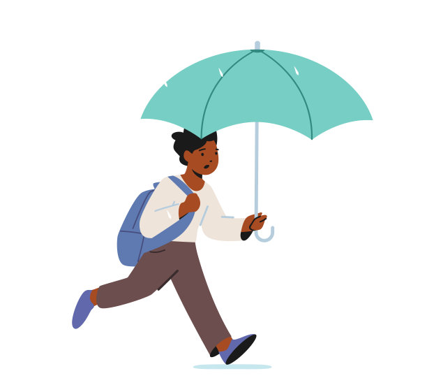 小非洲男孩带着雨伞和书包在雨天跑步。带着双肩包的孩子在水坑边奔跑图片下载