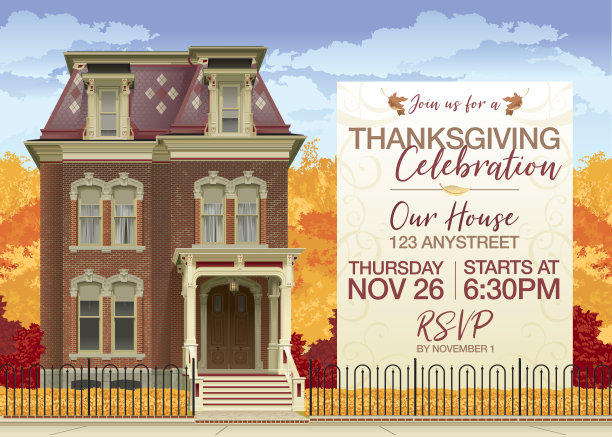 维多利亚的房子在秋天感恩节邀请和复制空间图片下载