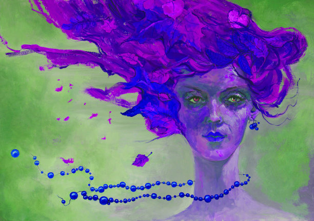 插图油画肖像的一个女孩与树叶和成熟的浆果珠的发型对天空图片下载