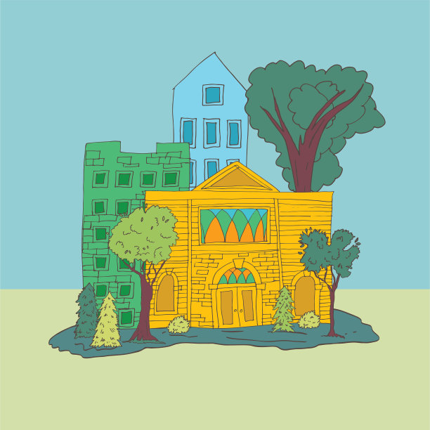 手绘涂鸦房屋树木和植物图片下载