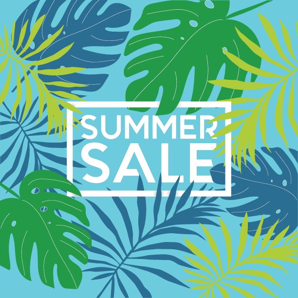 夏季热带销售旗帜与棕榈叶和外来植物图片下载