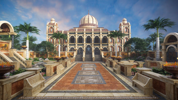 宏伟的皇家宫殿和庭院。美丽的奇幻建筑3d渲染图片下载