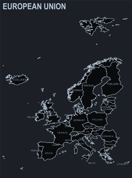 欧盟国家和城市的平面地图在黑色背景上图片下载