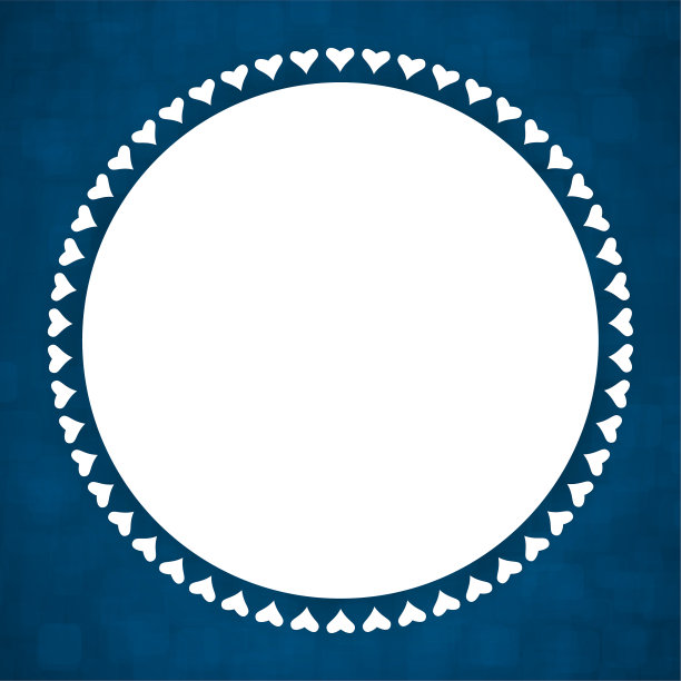 这是一个创造性的深蓝背景的矢量插图，带有白色的圆形补丁和白色的小心形，作为一个边界排列在它周围图片下载