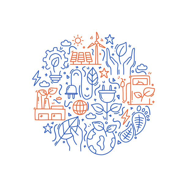 绿色能源相关的物体和元素。手绘矢量涂鸦插图集合。手绘图案设计图片下载