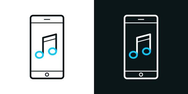 智能手机上的音乐。黑色或白色背景上的双色线条图标-可编辑笔触图片下载
