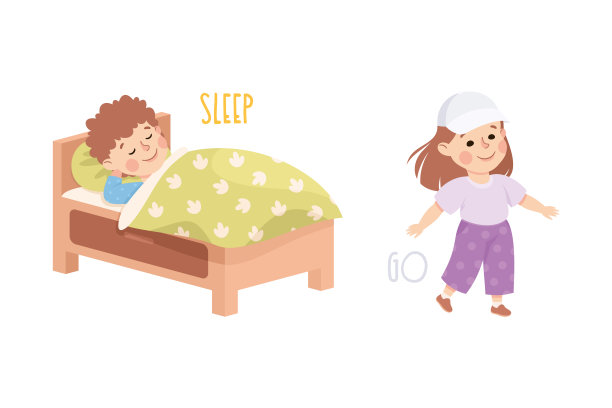 小男孩和小女孩睡觉和去示范词汇和动词学习向量集图片下载