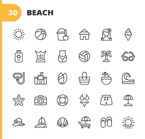 海滩行图标。可编辑的中风。像素完美。移动和网络。包含像太阳，夏天，球，桶，冰淇淋，太阳霜，六包，太阳镜，潜水，沙城堡，鸡尾酒，海浪，冲浪，救生圈，伞，岛屿，热带，夏威夷的图标。图片下载