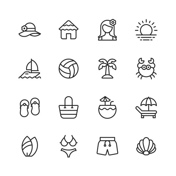 海滩行图标。可编辑的中风。像素完美。移动和网络。包含如帽子，海滩屋，夏威夷，游客，日落，太阳，夏天，帆船，棕榈树，热带，龙虾，拖鞋，包，鸡尾酒，日光浴床，冲浪桌，泳衣，短裤。图片下载