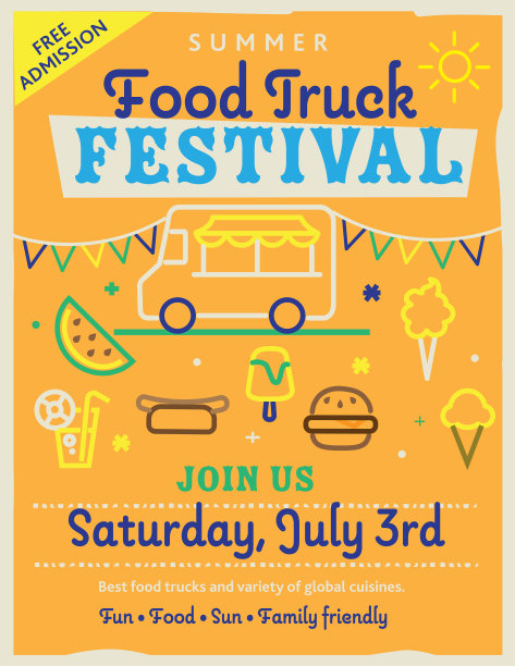 夏季食品卡车节海报设计模板与线条图标和明亮的颜色图片下载