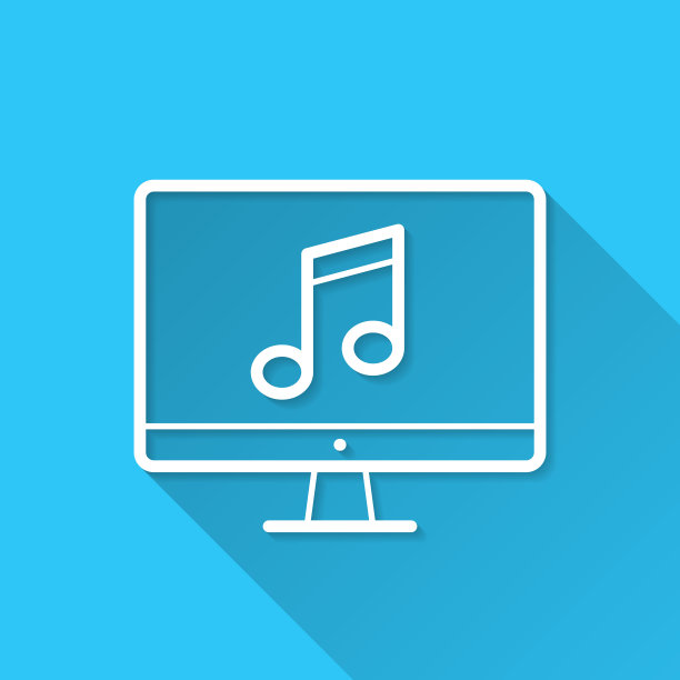 台式电脑上的音乐。图标在蓝色背景-平面设计与长阴影图片下载