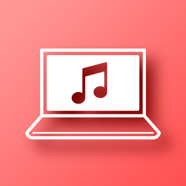 笔记本电脑上播放音乐。图标在红色背景与阴影图片下载