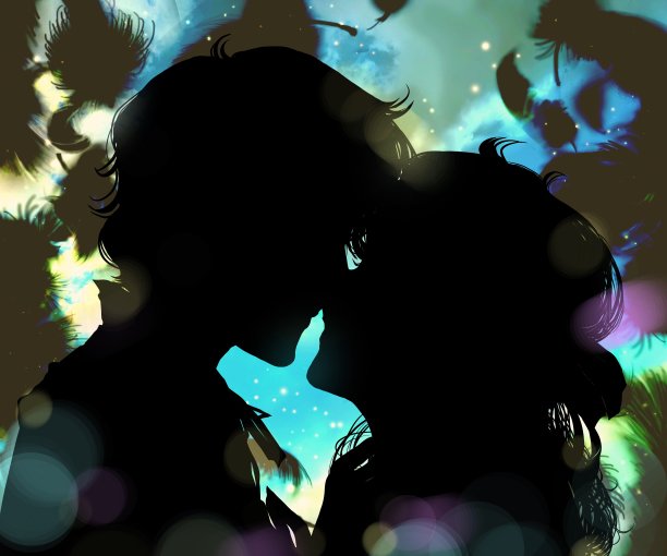 浪漫的背景，黑白剪影插图的年轻夫妇在爱亲吻和蓬松的天使白色羽毛跳舞。图片下载