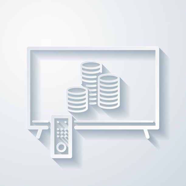 电视机上有一堆硬币。空白背景上剪纸效果的图标图片下载