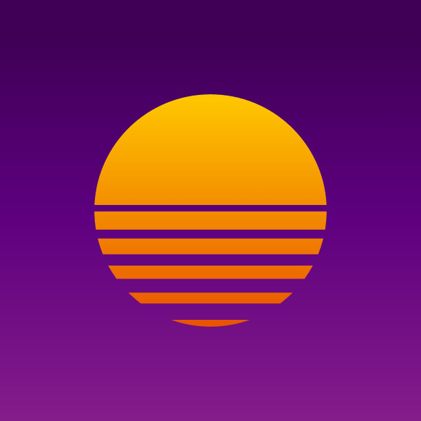 日落图标，八九十年代背景，复古霓虹灯抽象海报。复古的太阳和空间，紫色的背景和网格太阳。日出日落。向量图片下载