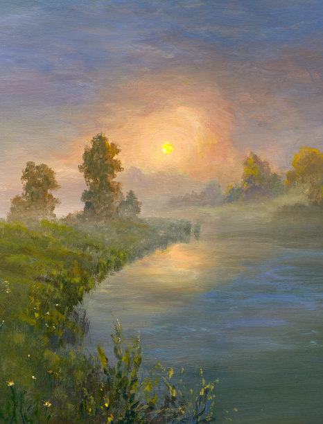 河上日落，油画图片下载