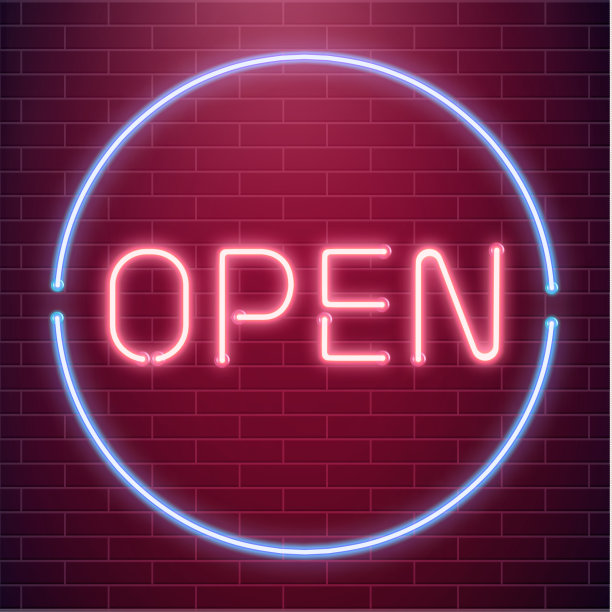 酒吧开灯霓虹灯招牌。夜间商店红色发光的字母。24小时营业标志图片下载