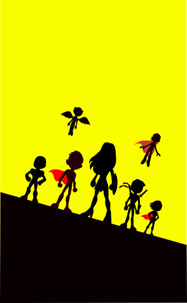 矢量卡通儿童女性领导的超级英雄团队剪影图片下载