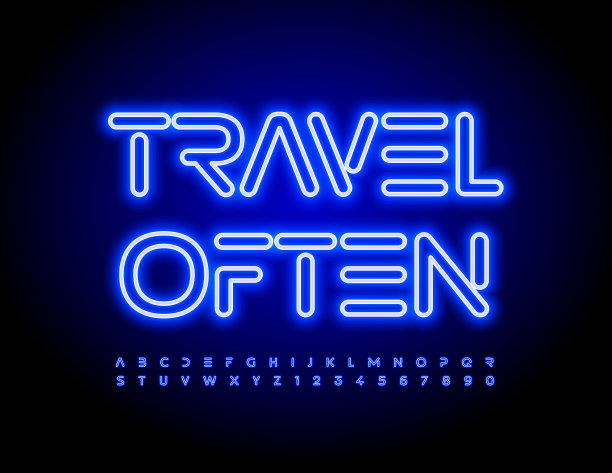 向量广告Logo经常旅行。蓝色霓虹灯字母和数字设置图片下载