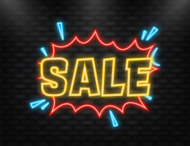 霓虹灯图标。卡通旗帜。销售标志矢量设计模板。赠送的横幅。游戏的迹象。箭头图标。几何艺术图片下载