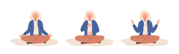 腹式呼吸。老妇人练习腹式呼吸放松。呼吸意识瑜伽练习。冥想身体，思想和情感。修行。卡通矢量图图片下载