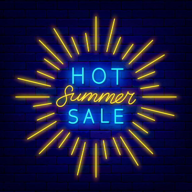 炎炎夏日的霓虹灯招牌。圆的布局。季节折扣传单。矢量图图片下载