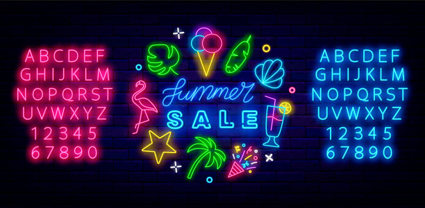 夏季销售霓虹圆圈模板线图标。季购物标签。市场营销的概念。向量股票插图图片下载