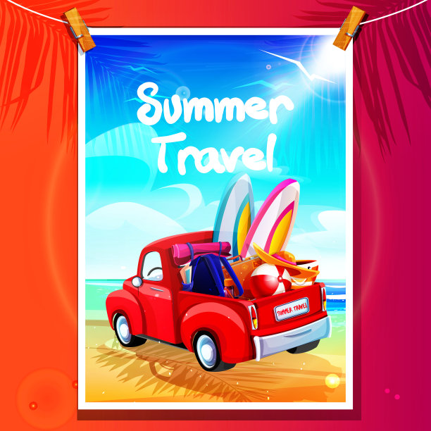 卡通风格的度假和海滩度假概念。海边有一辆游客皮卡，挂在晒衣夹上的海报。图片下载