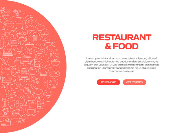 带有图案的餐厅和食品相关横幅设计。现代线条风格图标矢量插图图片下载