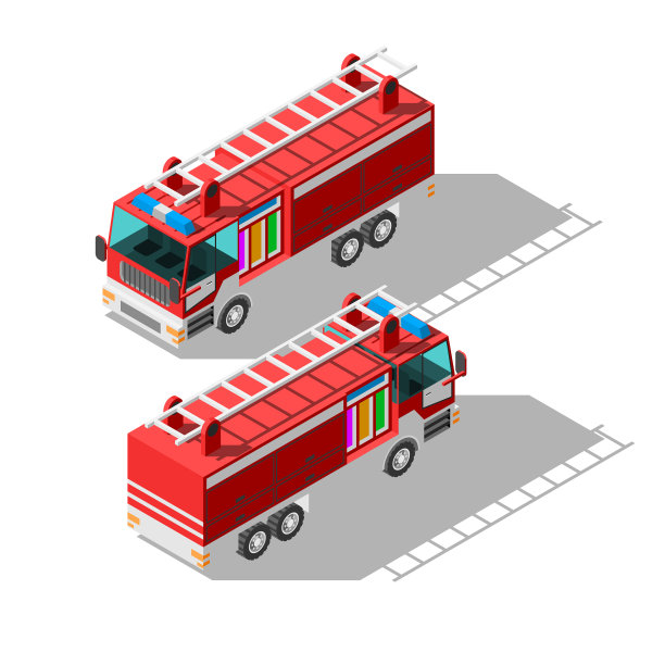 设置等距三维运输汽车消防车元素矢量设计风格图片下载