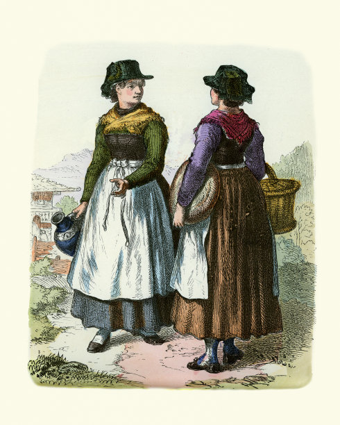 穿着传统服饰的德国妇女，德国巴伐利亚罗森海姆，19世纪图片下载