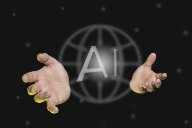触手可及的人工智能。一个年轻人在黑色背景上用智能机器人技术进行内容创作，将世界掌握在自己手中。人工智能的概念。图片下载