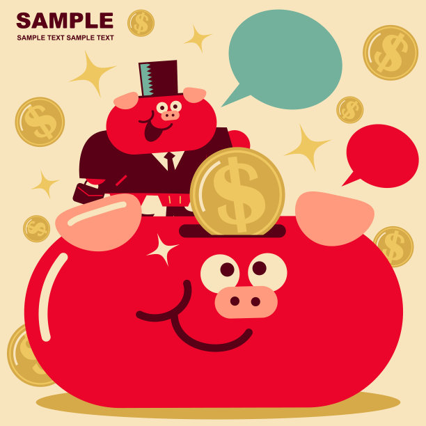 可爱的猪商人把一个大美元符号硬币(美国货币)放进一个储蓄罐图片下载