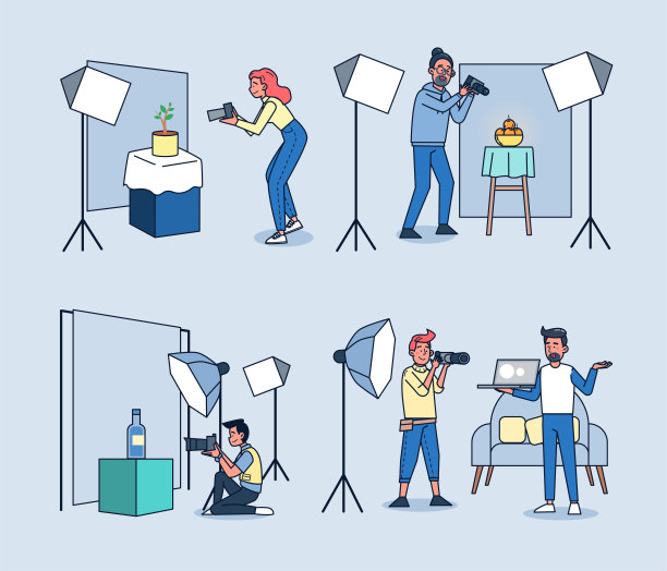 摄影工作室。专业摄影师在摄影棚内工作和拍摄产品。平面卡通矢量插图。图片下载